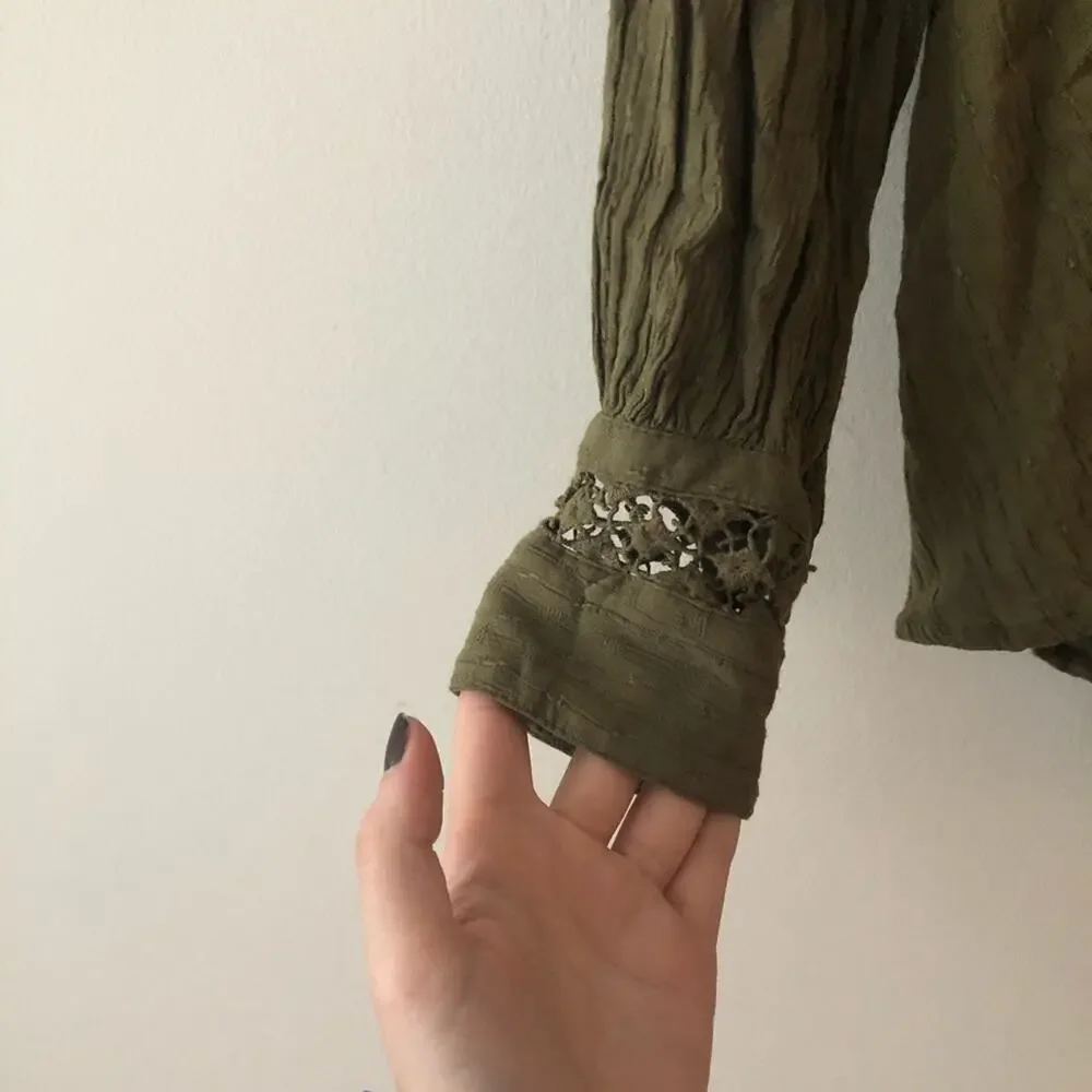 Free People The Best Crochet Back Olive Green Button Up Blouse